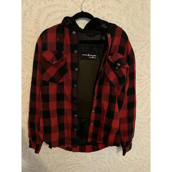 Road Armor by Skull Riderz Red Checkered Flannel Hoodie Shirt - Picture 2 of 8